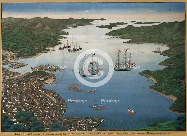 The island of Deshima in the bay of Nagasaki with the ships Vasco da Gama and Johanna..., ca 1825. Creator: Kawahara, Keiga (1786-after 1860).