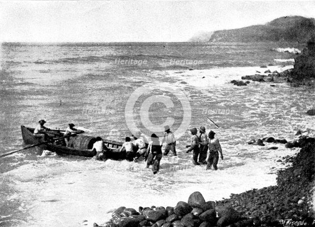 The Island of Montserrat (West Indies) - coast of Montserrat - boat taking lime juice to ship, 1895. Creator: Unknown.