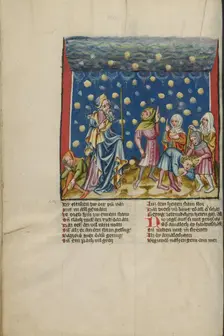 The Israelites Collecting Manna from Heaven; Weltchronik, about 1400-1410. Creator: Unknown
