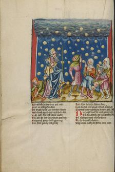 The Israelites Collecting Manna from Heaven; Weltchronik, about 1400-1410. Creator: Unknown