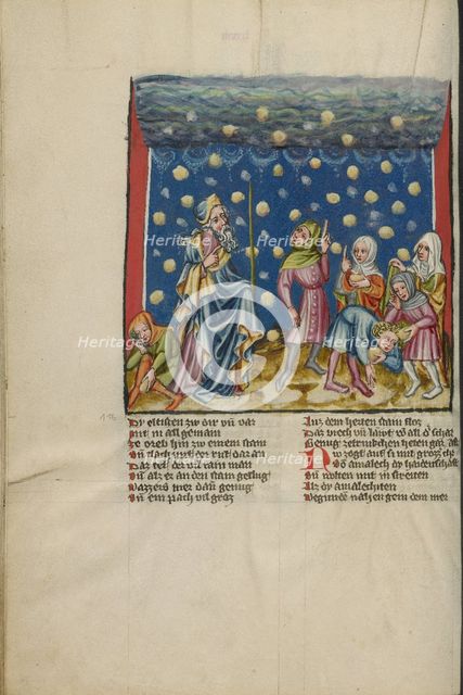 The Israelites Collecting Manna from Heaven; Weltchronik, about 1400-1410. Creator: Unknown.