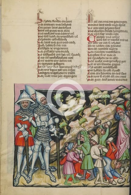 The Israelites' Fear of the Giants: The Israelites Stoning the Spies; Weltchronik, about 1400-1410. Creator: Unknown.