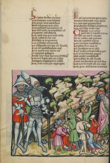 The Israelites Fear of the Giants: The Israelites Stoning the Spies; Weltchronik, about 1400-1410. Creator: Unknown