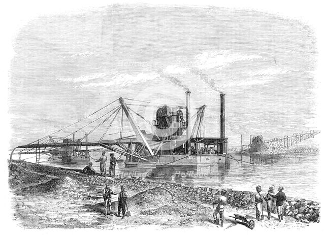 The Isthmus of Suez Maritime Canal: dredges and elevators at work, 1869. Creator: Unknown.