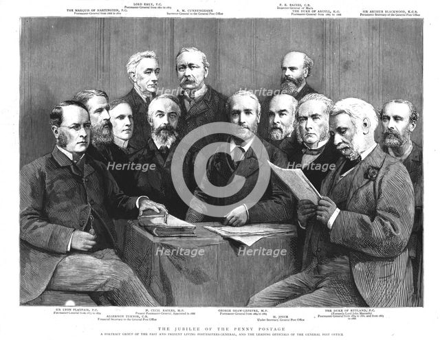''The Jubileeof the Penny Postage; A Portrait of the Past and Present Postmasters-General...', 1890. Creator: Unknown.