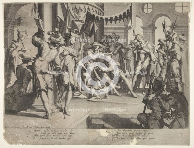 The Judge Bias Shedding Tears, plate IX from Thronus Justitiæ, 1605. Creators: Joachim Anthonisz Wtewael, Willem van Swanenburg.