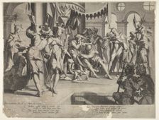 The Judge Bias Shedding Tears, plate IX from Thronus Justitiæ, 1605. Creators: Joachim Anthonisz Wtewael, Willem van Swanenburg