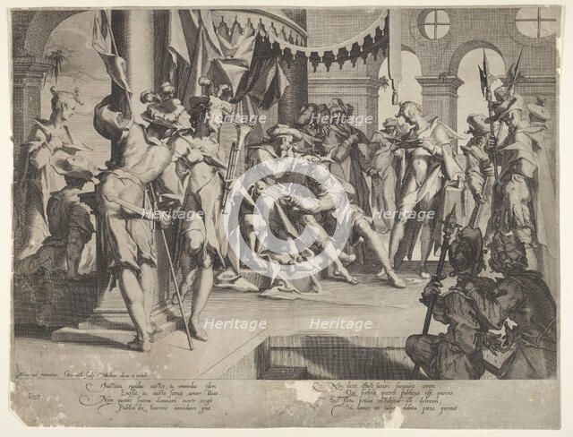 The Judge Bias Shedding Tears, plate IX from Thronus Justitiæ, 1605. Creators: Joachim Anthonisz Wtewael, Willem van Swanenburg.