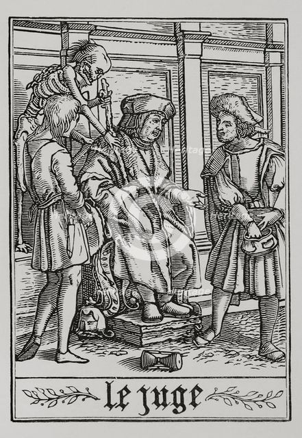 The Judge is visited by Death from "The Dance of Death", 1538, (1877). Creator: Unknown.