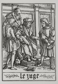 The Judge is visited by Death from "The Dance of Death", 1538, (1877). Creator: Unknown
