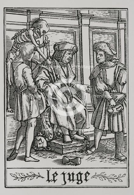 The Judge is visited by Death from "The Dance of Death", 1538, (1877). Creator: Unknown.