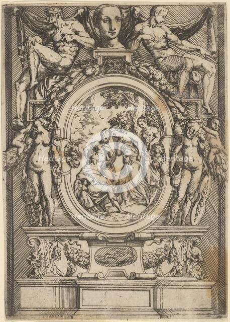 The Judgment of Paris; man seated at left reaches out to a woman who is flanked by ..., ca. 1540-80. Creator: Battista del Moro.