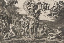 The Judgment of Paris; he is sitting at left with Venus, Juno and Pallas Athena, a ..., ca. 1510-20. Creator: Marcantonio Raimondi