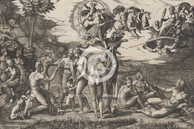 The Judgment of Paris; he is sitting at left with Venus, Juno and Pallas Athena, a ..., ca. 1510-20. Creator: Marcantonio Raimondi.
