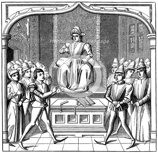 The Judicial Duel, the plaintiff opening his case before the judge, 15th century (1849). Artist: Unknown