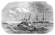 The Jackal tender and boats going to meet the American mail steamer at Roche’s Point..., 1864. Creator: Smyth