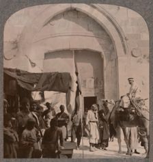 The Jaffa Gate closed, showing Needle's Eye, Jerusalem c1900