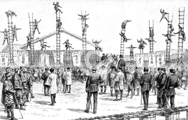 ''The Japanese Fire Brigade; Japanese Firemen at their Exercise', 1891 . Creator: Unknown.