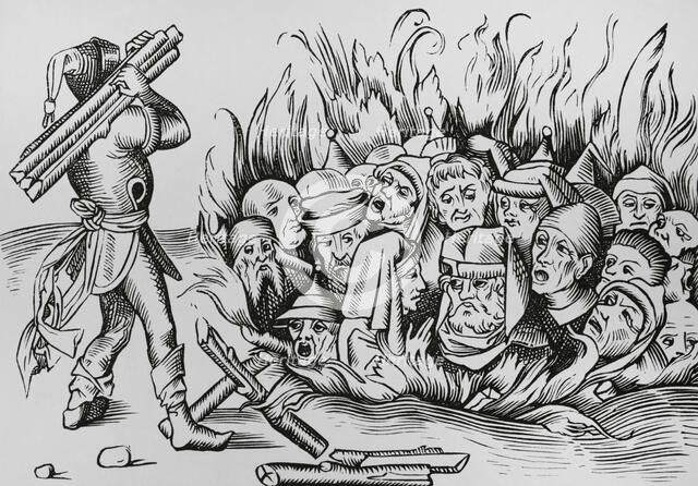 The Jews of Cologne burnt alive on the night of 23-24 August 1349, (1493), (1878).  Creator: Unknown.