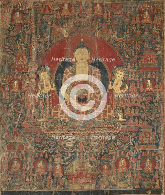 The Jina Buddha of Infinite Light (Amitabha) in His Pure Land Paradise (Sukhavati), 15th century. Creator: Anon.