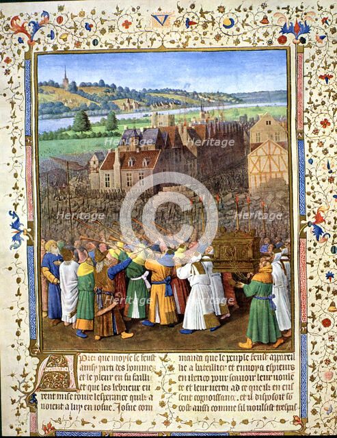 The Joshua prophet with the Holy Ark of the conquest of Jericho, miniature in 'Antiquites judaiqu…
