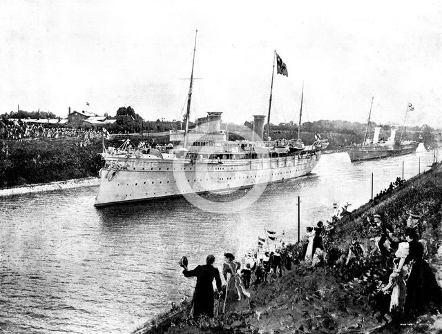 The Kaiser's Yacht, the "Hohenzollern," leading the procession through the Canal, 1895. Creator: George Meisenbach.