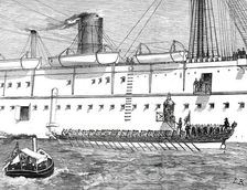 The King and Queen of Portugal going on board the Serapis in their State Barge...1876. Creator: L.B.