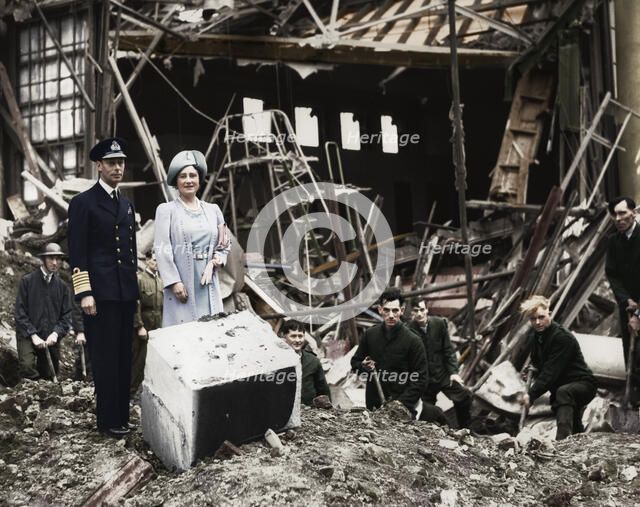 The King and Queen survey bomb damage, Buckingham Palace, London, WWII, 1940. Creator: Unknown.