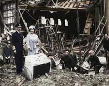 The King and Queen survey bomb damage, Buckingham Palace, London, WWII, 1940. Creator: Unknown