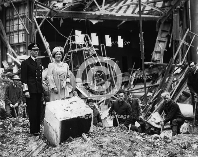 The King and Queen survey bomb damage, Buckingham Palace, London, WWII, 1940. Creator: Unknown.