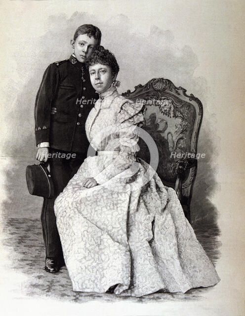 The King Alfonso XIII with his mother Regent Maria Cristina of Hapsburg in 1898, Madrid, engravin…