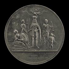 The King Being Crowned between Peace and Justice [reverse], 1714. Creator: Nicolaus Seeländer