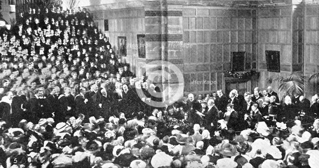 The King declaring open the new speech-room at Rugby School, 1909. Creator: Graphic Photo Union.