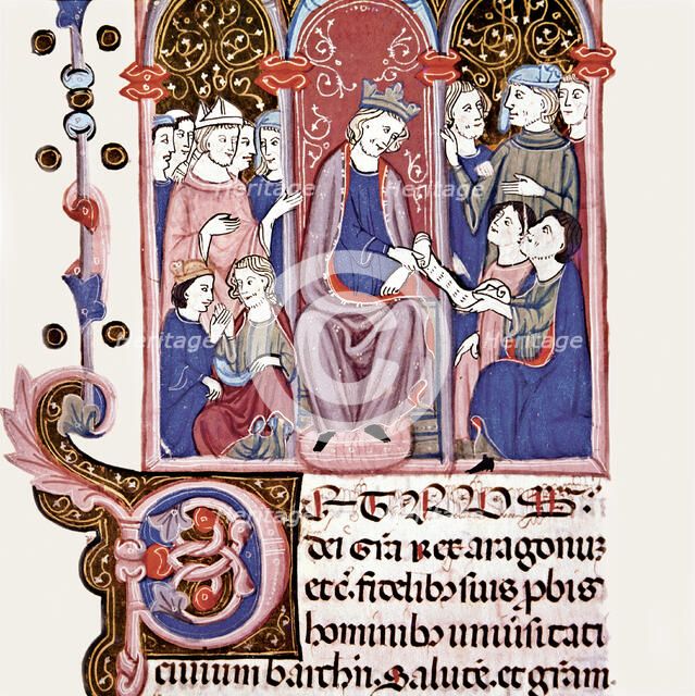 The King Ferran and his court, Miniature in the 'Llibre dels Usatges i Constitucions de Catalunya…