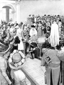 The King knighting Mr. Cecil H. Smith, Director of the Victoria and Albert Museum, 1909. Creator: Amedee Forestier