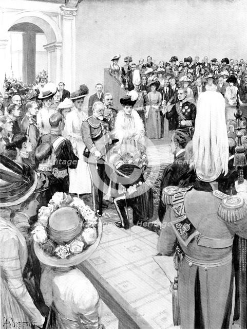 The King knighting Mr. Cecil H. Smith, Director of the Victoria and Albert Museum, 1909. Creator: Amedee Forestier.