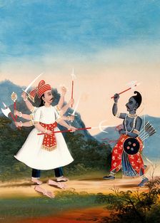 The king Kartavirya Arjuna (left) is attacked by Vishnu as Parashurama (right). Creator: Unknown