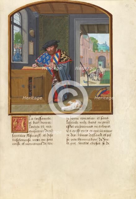 The King of Arms of the Order of the Golden Fleece Writing about Jacques de Lalaing, about 1530. Creator: Simon Bening.