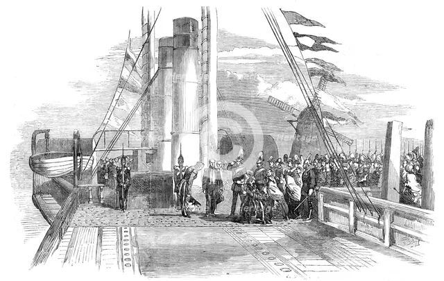The King of Denmark visiting Mr. Peto on board the "Cygnus", 1854. Creator: Unknown.