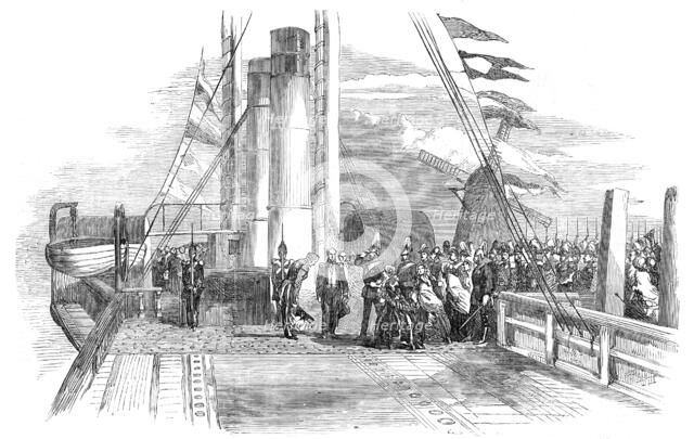 The King of Denmark visiting Mr. Peto on board the "Cygnus", 1854. Creator: Unknown.
