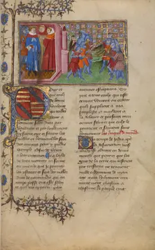 The King of Denmark with Clerics and a Battle Scene; Chronique de Normandie, about 1400-1415. Creator: Unknown