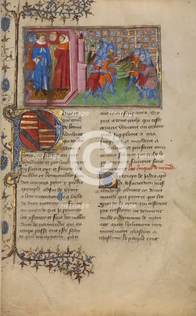 The King of Denmark with Clerics and a Battle Scene; Chronique de Normandie, about 1400-1415. Creator: Unknown.