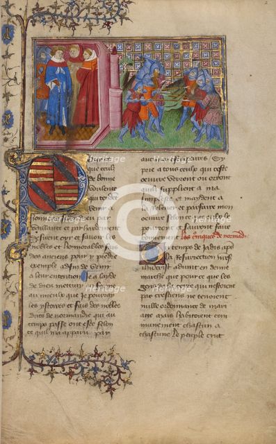 The King of Denmark with Clerics and a Battle Scene; Chronique de Normandie, about 1400-1415. Creator: Unknown.