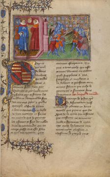 The King of Denmark with Clerics and a Battle Scene; Chronique de Normandie, about 1400-1415. Creator: Unknown