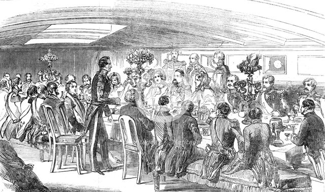 The King of Denmark dining on board the "Cygnus", 1854. Creator: T. H. Wilson.