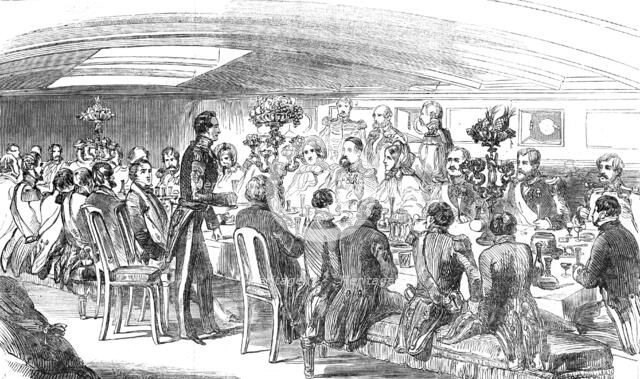 The King of Denmark dining on board the "Cygnus", 1854. Creator: T. H. Wilson.