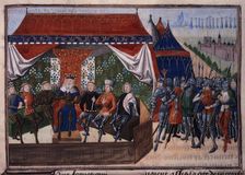 The King of Hungary holding council in his tent on a battlefield, c1470-c1475. Creator: Unknown