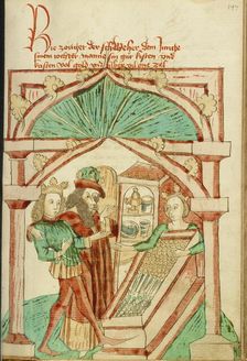 The King Showing his Son-in-Law a Chest of Silver and Gold; Barlaam und Josaphat, 1469. Creators: Hans Schilling, Diebolt Lauber