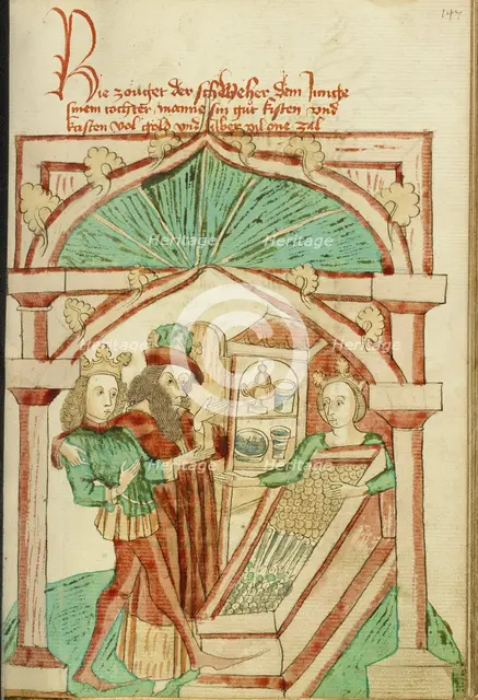 The King Showing his Son-in-Law a Chest of Silver and Gold; Barlaam und Josaphat, 1469. Creators: Hans Schilling, Diebolt Lauber.