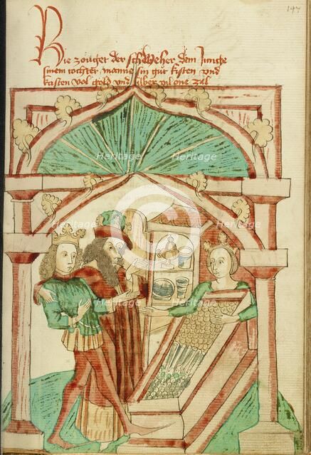 The King Showing his Son-in-Law a Chest of Silver and Gold; Barlaam und Josaphat, 1469. Creators: Hans Schilling, Diebolt Lauber.